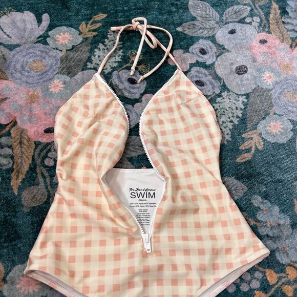 For Love And Lemons Bonnie One Piece Swimsuit Zip Up Small Pink Gingham Halter S - Picture 6 of 16